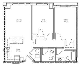 Floor plan for 2 beds, 2 baths, 956 sqft
